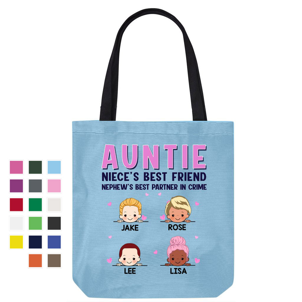 Aunt Best Friend And Partner In Crime Pink Patterned Personalized Canvas Bag