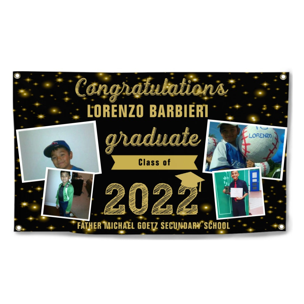 2023 Gold Sketch 4 Photo Collage Graduation Party Banner. Personalized With Name/Photo & 15 Backgrounds