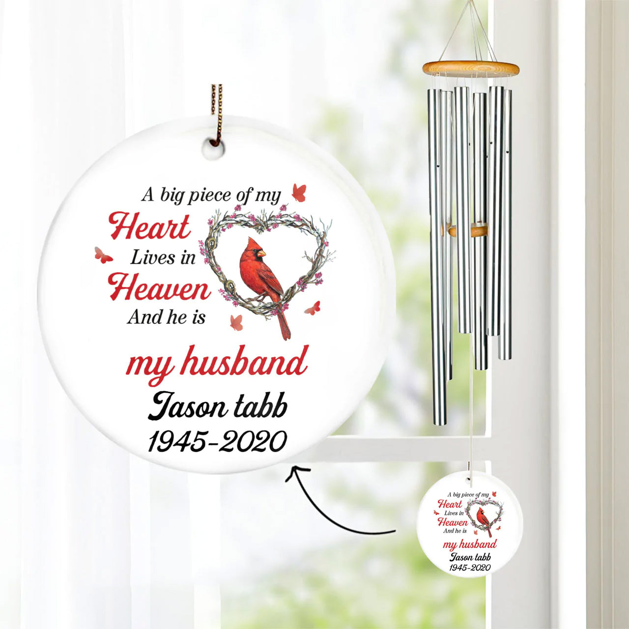 A Big Piece Of My Heart Lives In Heaven Cardinal Personalized Memorial Circle Ornament Wind Chime