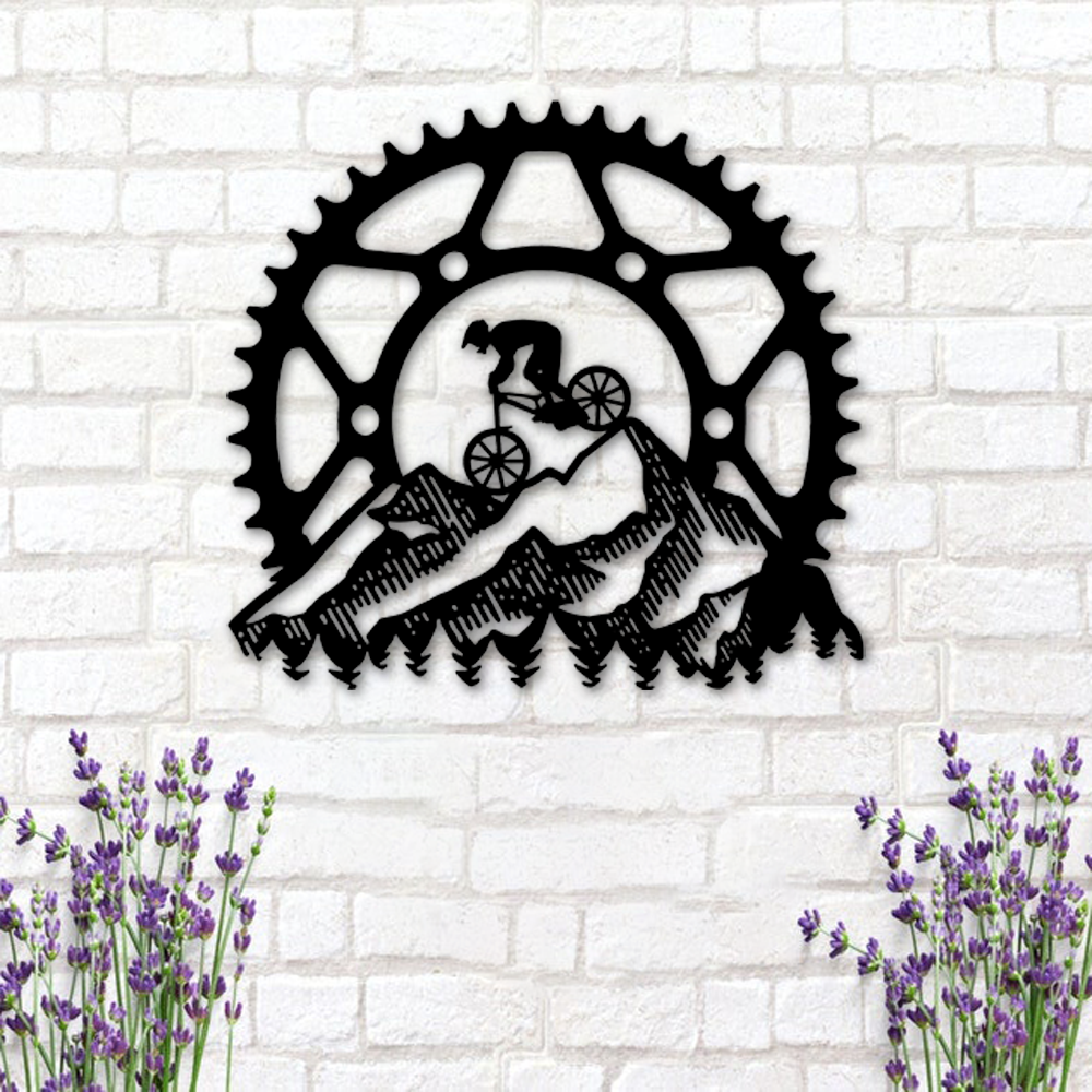 MTB Mountain Rider Gear Monogram Biking Mountain Scene Metal Wall Art