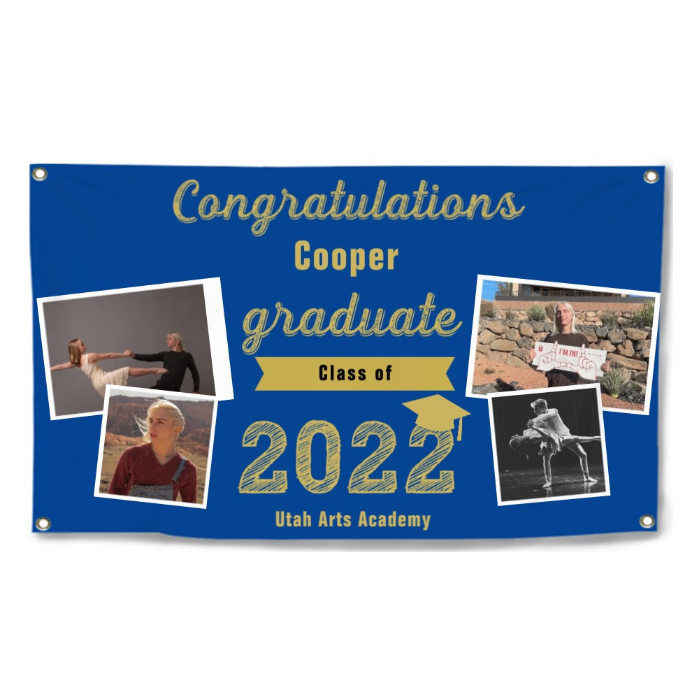 2023 Gold Sketch 4 Photo Collage Graduation Party Banner. Personalized With Name/Photo & 15 Backgrounds