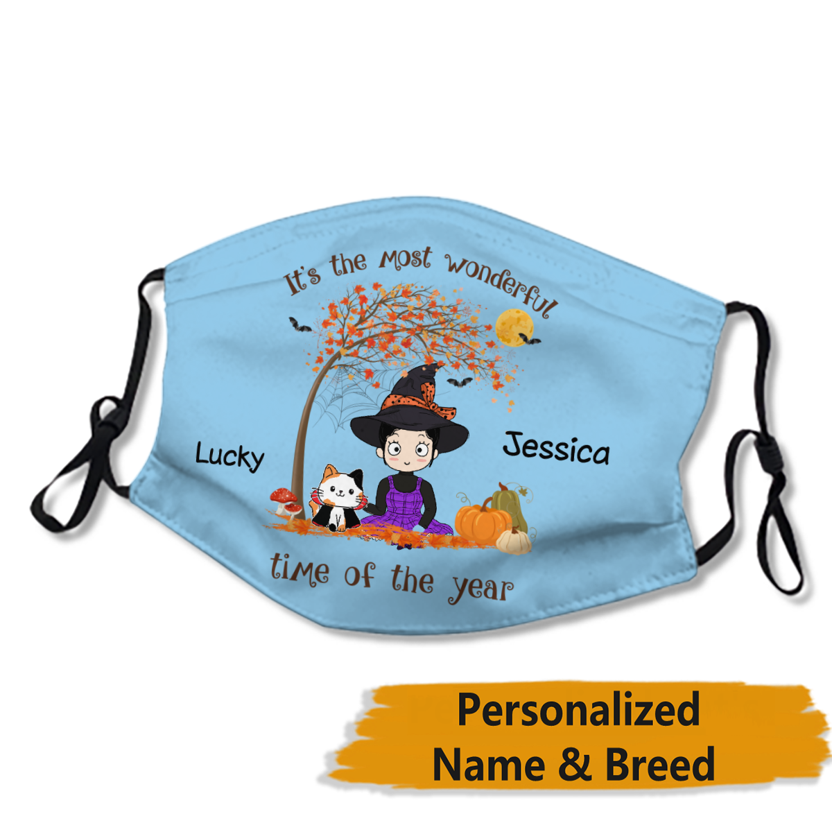 Most Wonderful Time Halloween Chibi Girl & Cats Personalized Name Face Mask