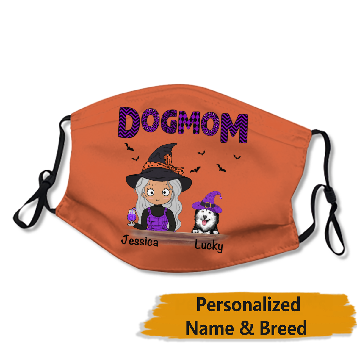 Halloween Dog Mom Chibi Witch Personalized Name Face Mask