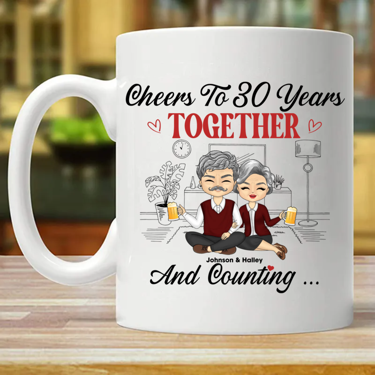 Chibi Couple Cheers To 30 Years Together And Counting Husband Wife - Couples Gift - Personalized Custom Mug (Double-sided Printing)