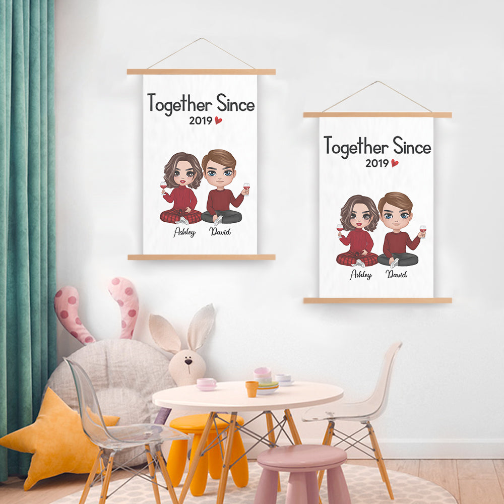 Doll Couple Sitting Valentine's Day Gift For Him For Her Personalized Wall Scroll Painting  With Wooden Poster Hanger