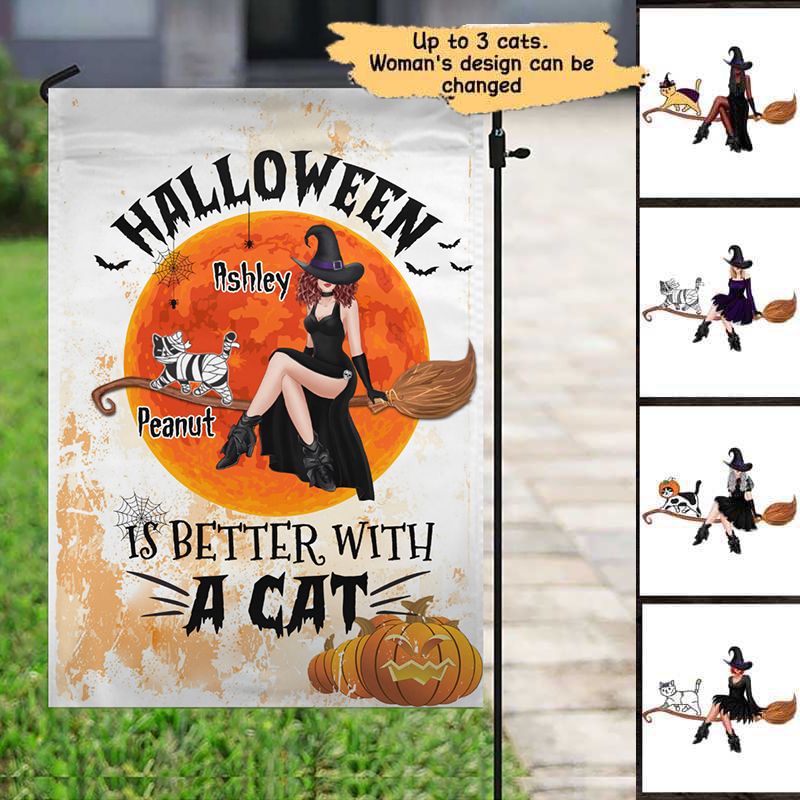 Halloween Witch Sitting With Cats Personalized Garden Flag