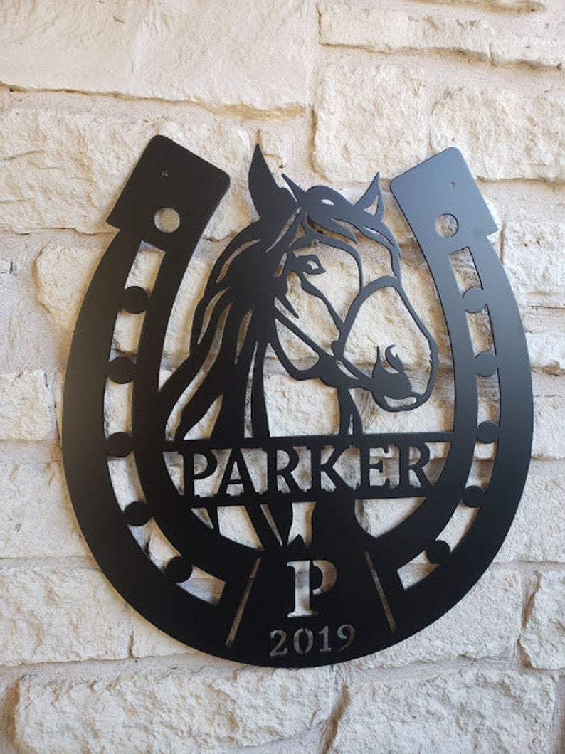 Personalized Horse Metal Sign, Horseshoe Art, Western Decor, Initial Metal Sign