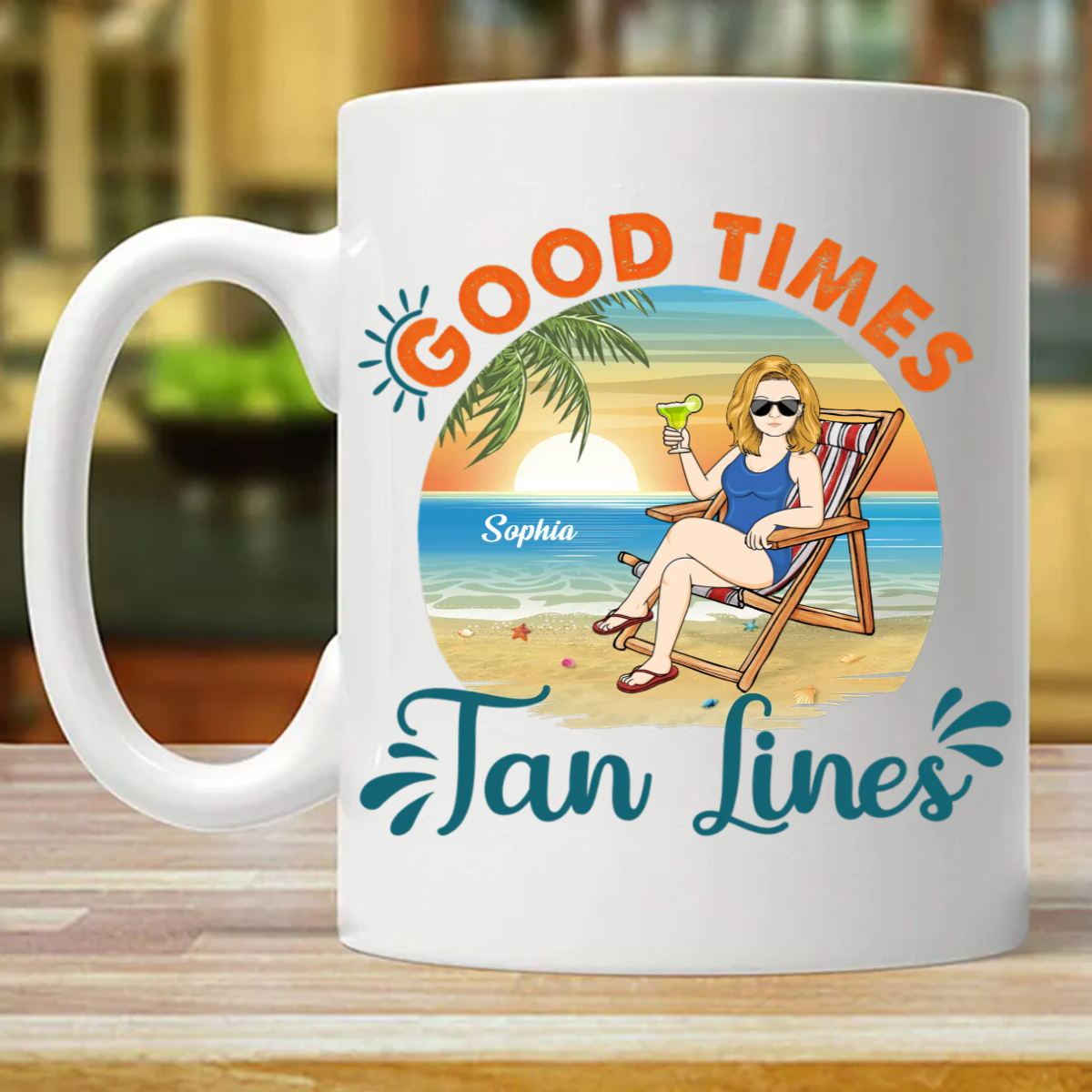 Good Times And Tan Lines Beach - 友人へのギフト - パーソナライズされたカスタムマグ (両面印刷)