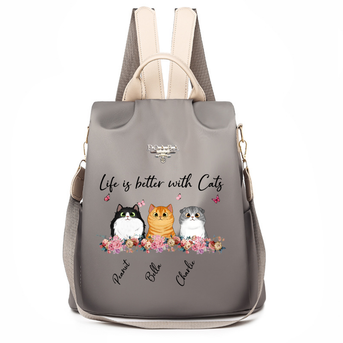 Flowers Stripe Fluffy Cats Personalized Backpack