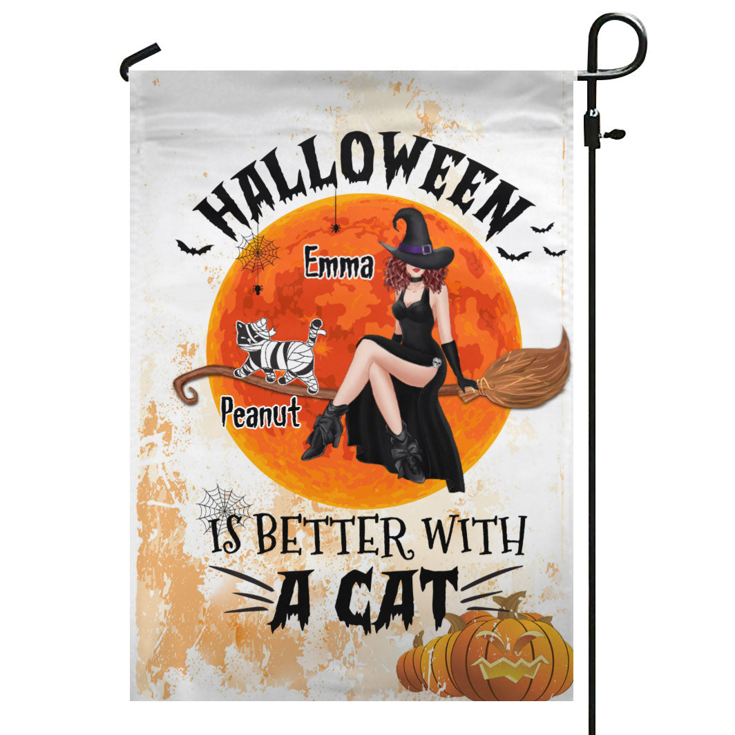 Halloween Witch Sitting With Cats Personalized Garden Flag