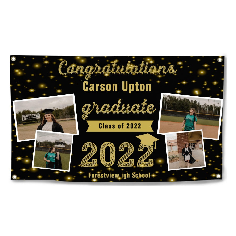 2023 Gold Sketch 4 Photo Collage Graduation Party Banner. Personalized With Name/Photo & 15 Backgrounds