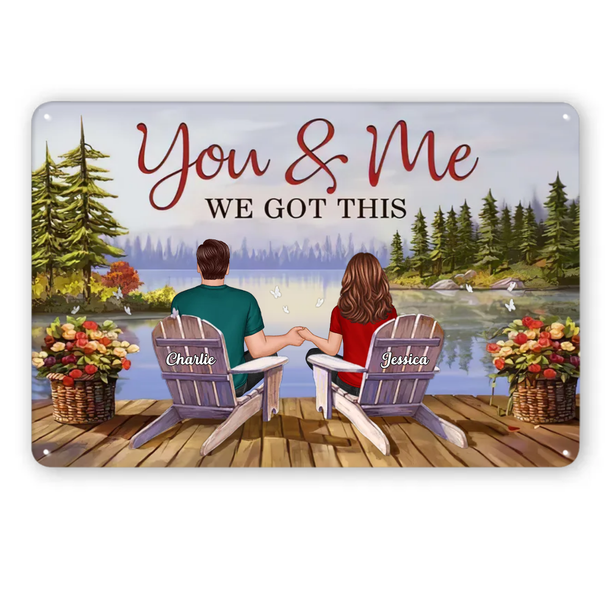 Back View Couple Sitting Lake View Landscape Personalized Metal Signs