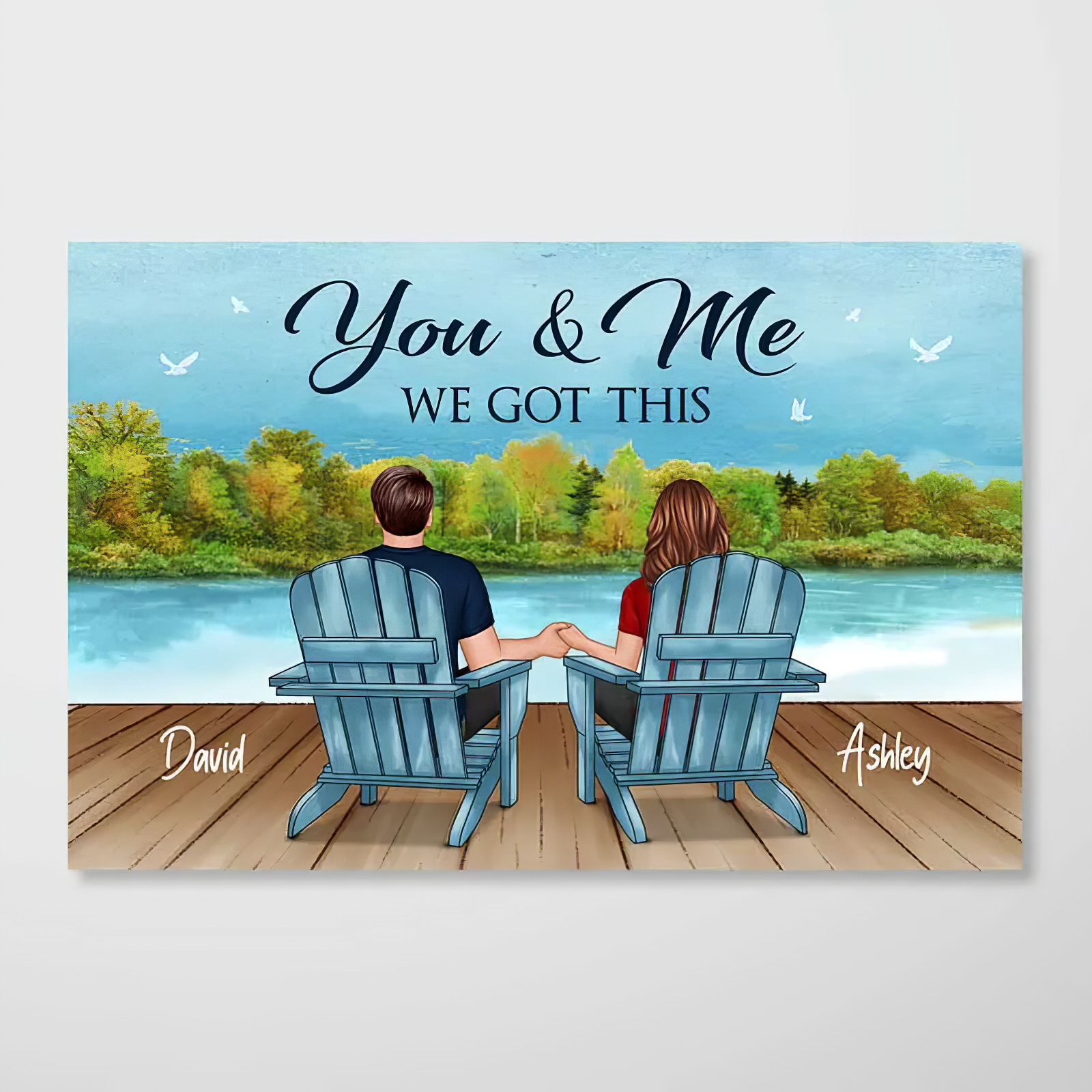 Back View Couple Sitting Lake View Personalized Horizontal Poster