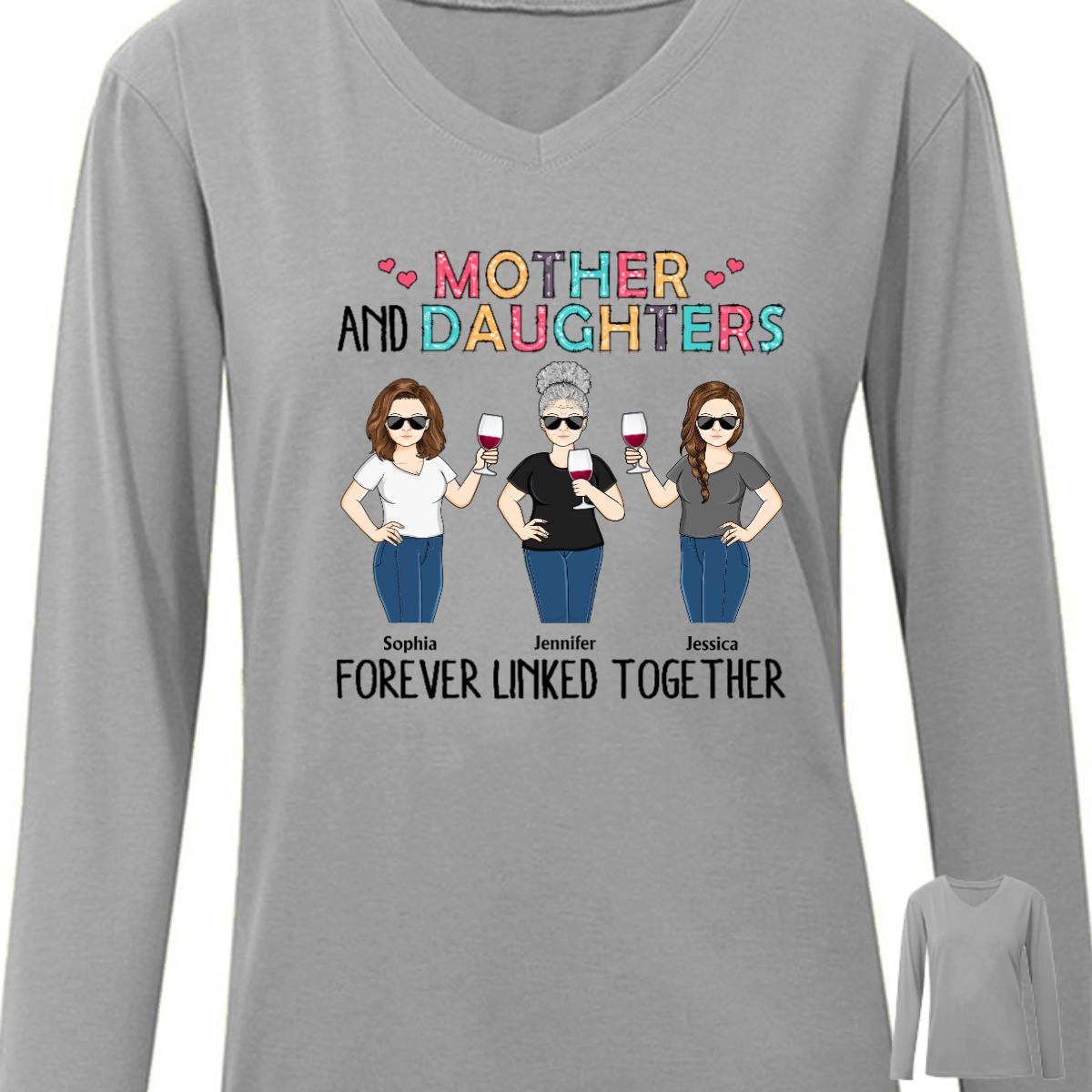 Mother &amp; Daughter Forever Linked Together Family - Mom Gift - パーソナライズされた長袖シャツ