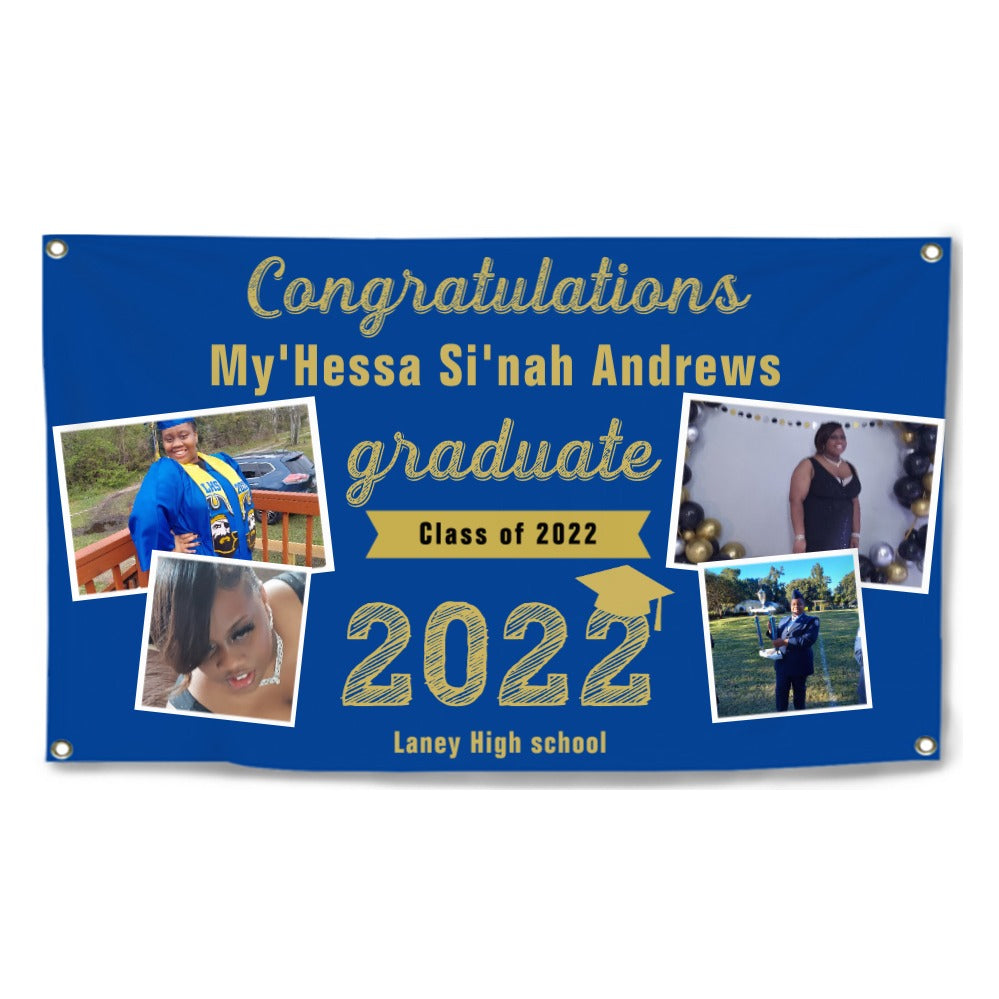 2023 Gold Sketch 4 Photo Collage Graduation Party Banner. Personalized With Name/Photo & 15 Backgrounds