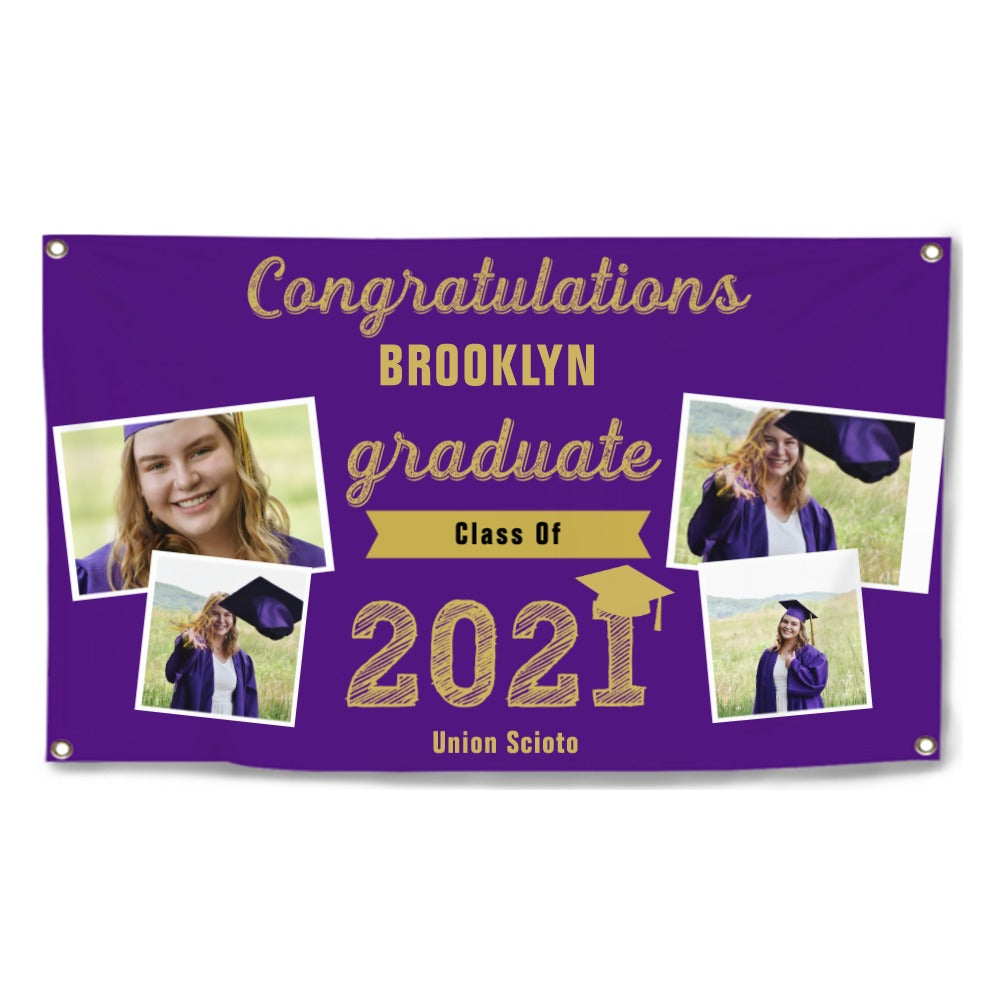 2023 Gold Sketch 4 Photo Collage Graduation Party Banner. Personalized With Name/Photo & 15 Backgrounds