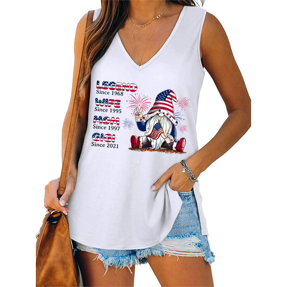 Gnome Grandma Legend 4th Of July Independence Day Personalized Women Tank Top V Neck Casual Flowy Sleeveless