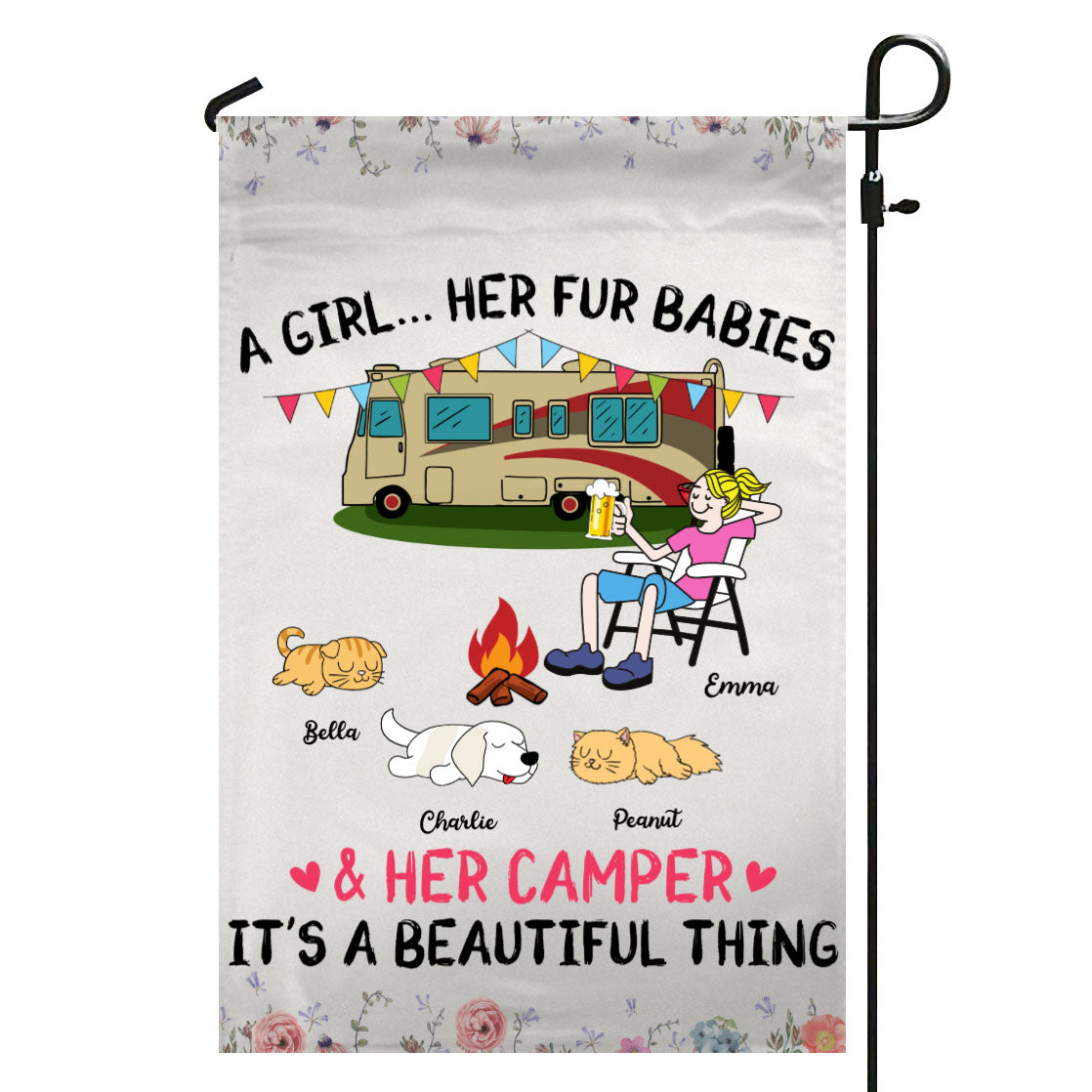 A Camping Girl And Her Fur Babies Personalized Garden Flag