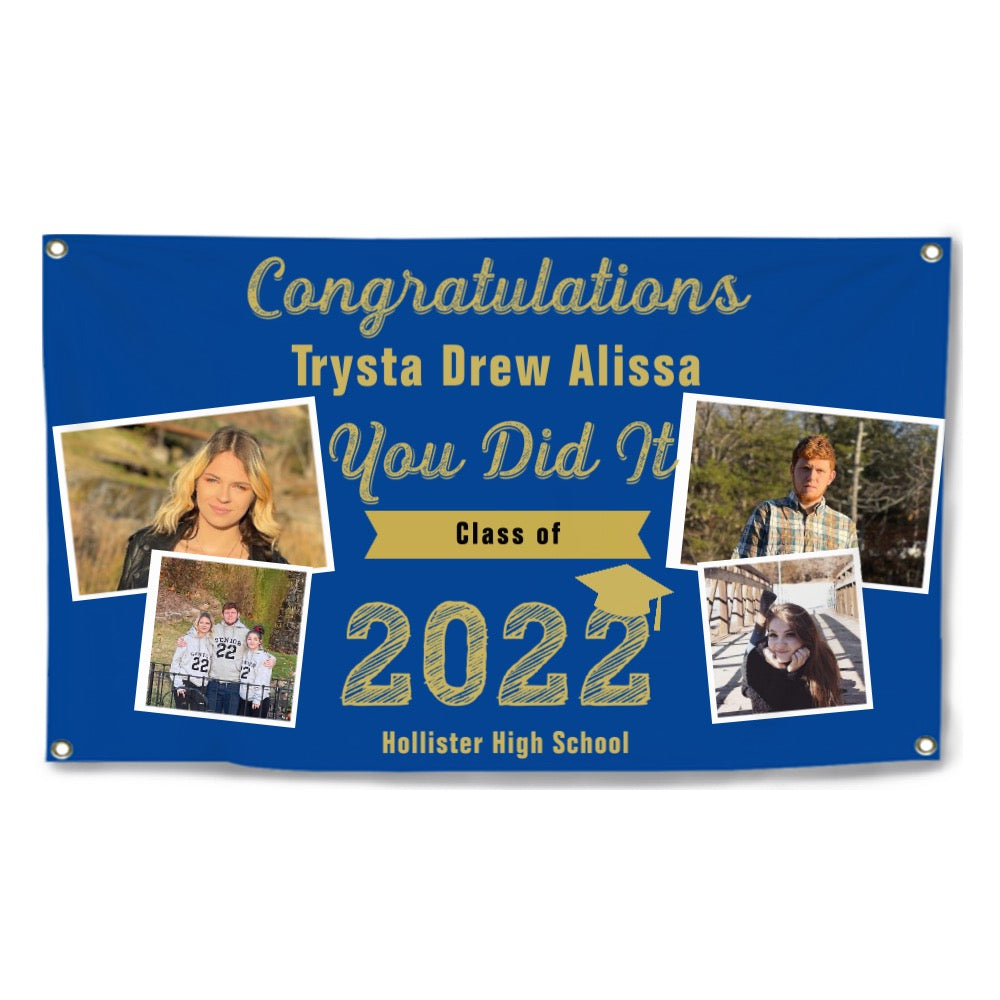 2023 Gold Sketch 4 Photo Collage Graduation Party Banner. Personalized With Name/Photo & 15 Backgrounds