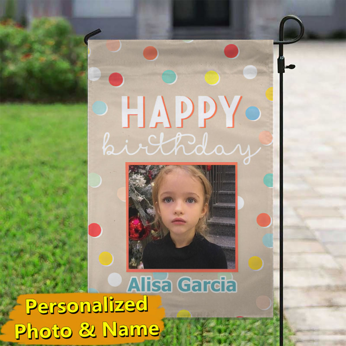 Personalized Photo & Name Birthday Confetti Dots Garden Flag