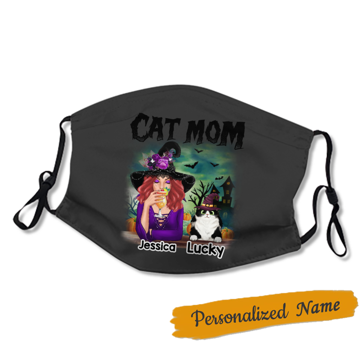 Halloween Witch Cat Mom Personalized Name Face Mask