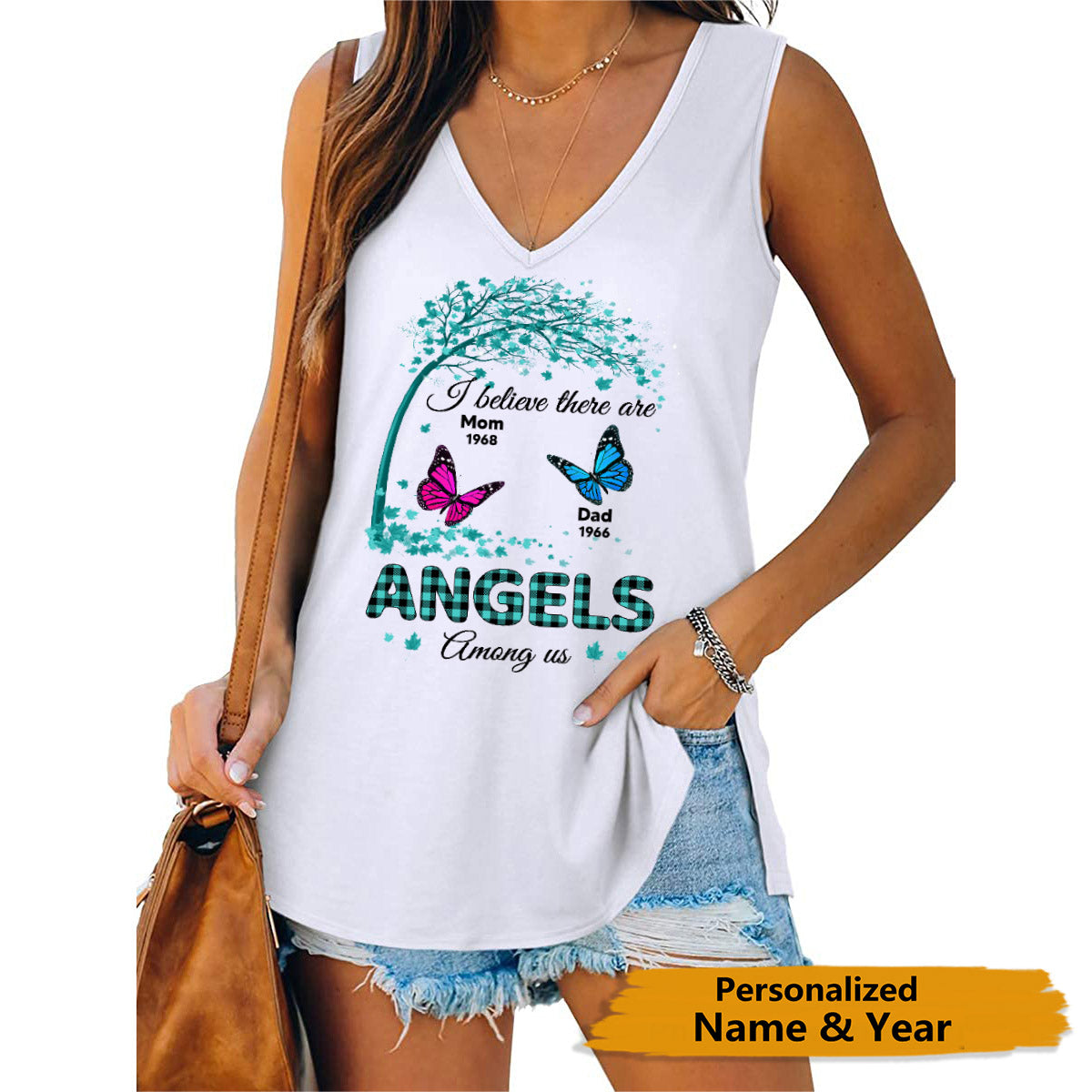 Angel Among Us Green Checkered Pattern Personalized Women Tank Top V Neck Casual Flowy Sleeveless