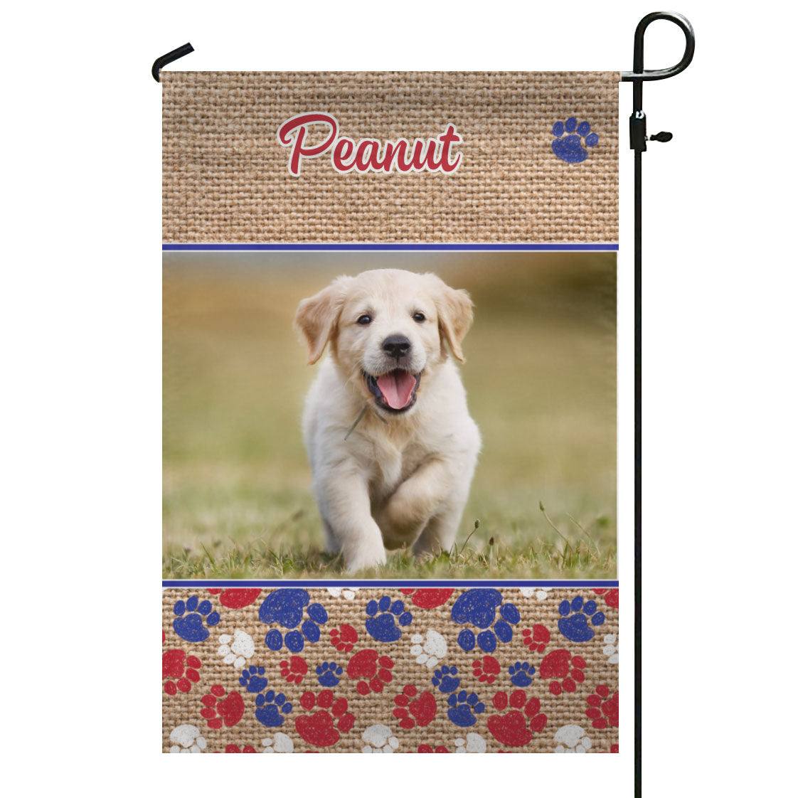 Patriotic Dog Paws & Burlap – Personalized Photo & Name – Garden Flag & House Flag