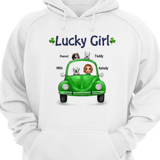 Doll Girl And Dogs In Car Lucky Girl St. Patrick‘s Day Irish Personalized Hoodie Sweatshirt