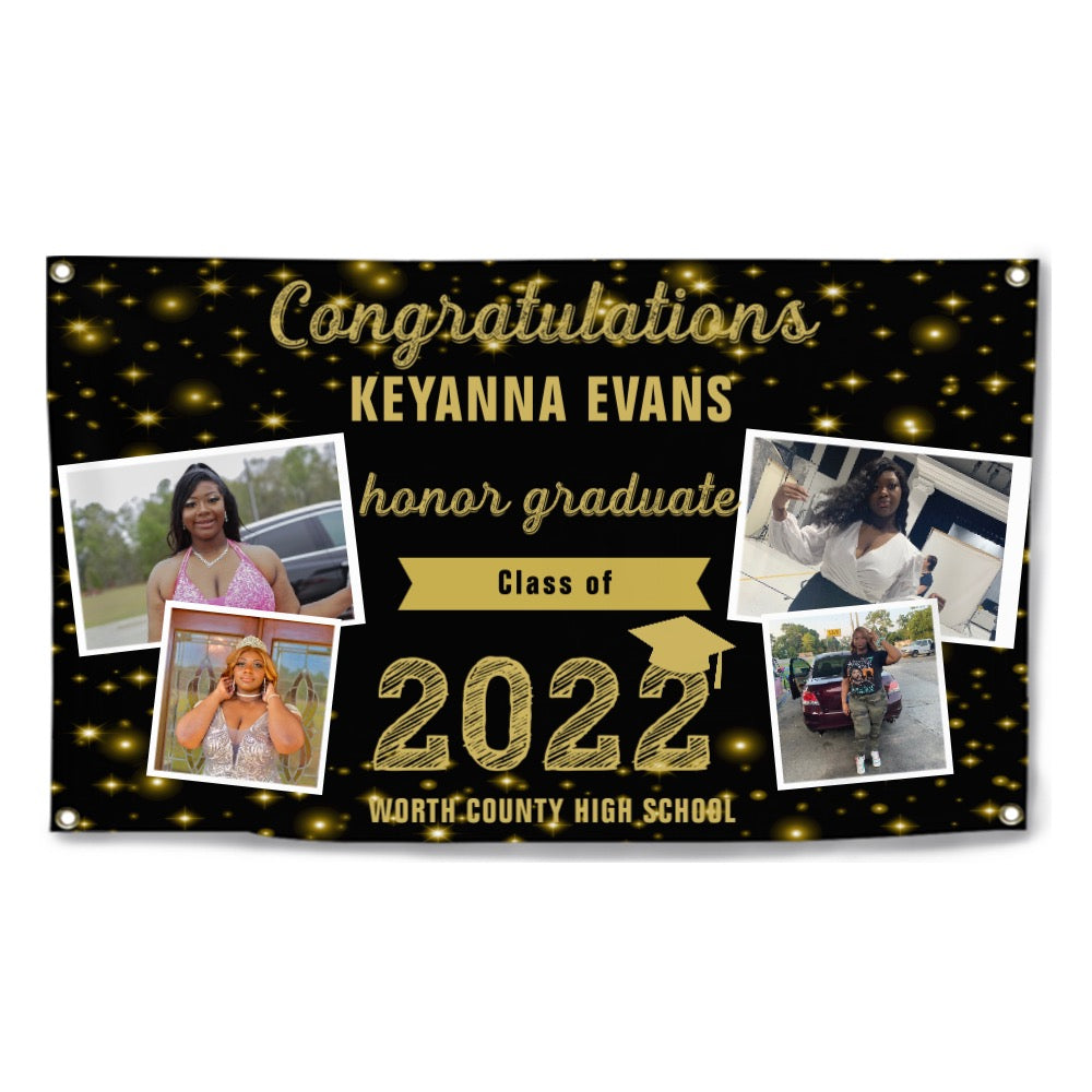 2023 Gold Sketch 4 Photo Collage Graduation Party Banner. Personalized With Name/Photo & 15 Backgrounds