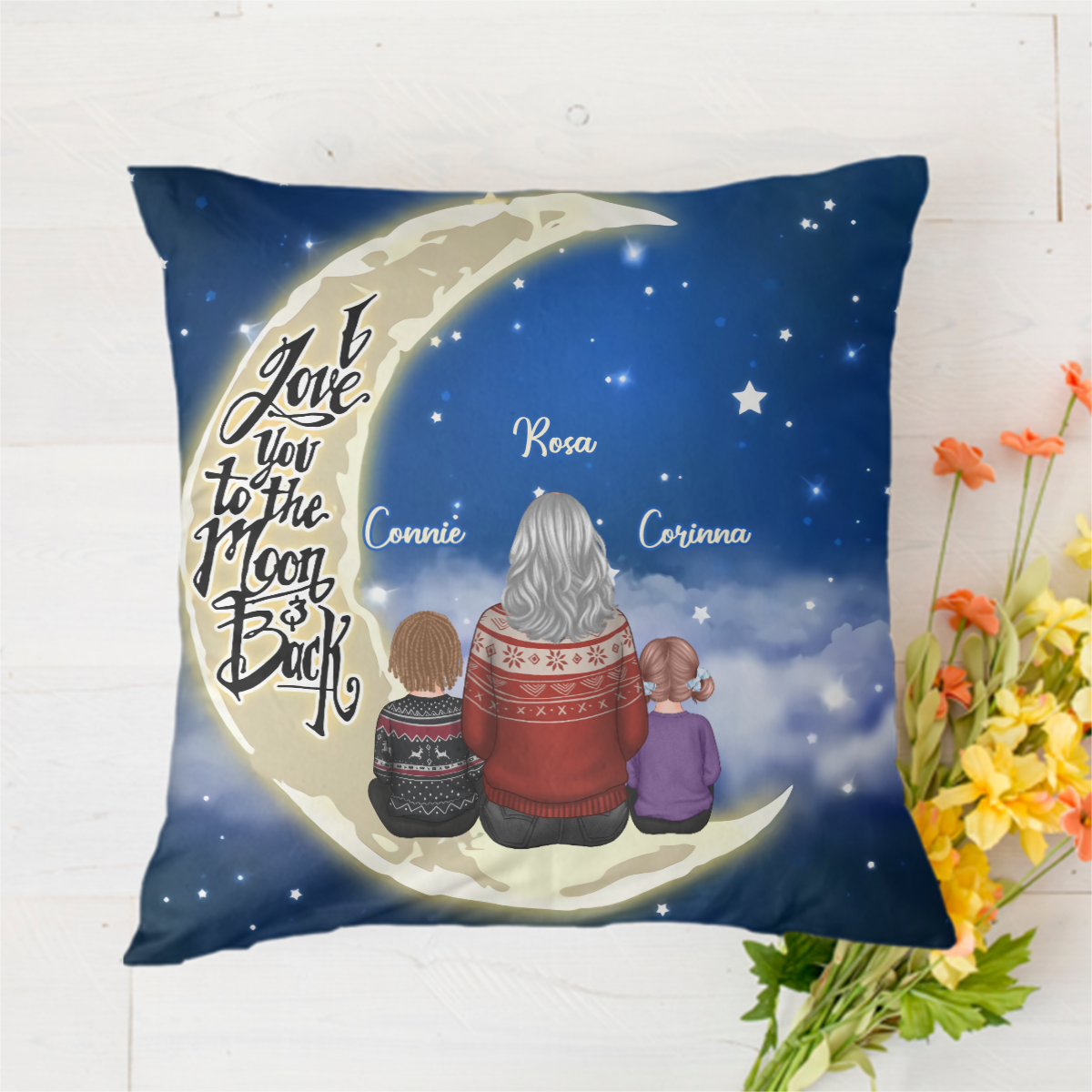 Parents Grandparents and Kids On Moon Personalized Polyester Linen Pillow