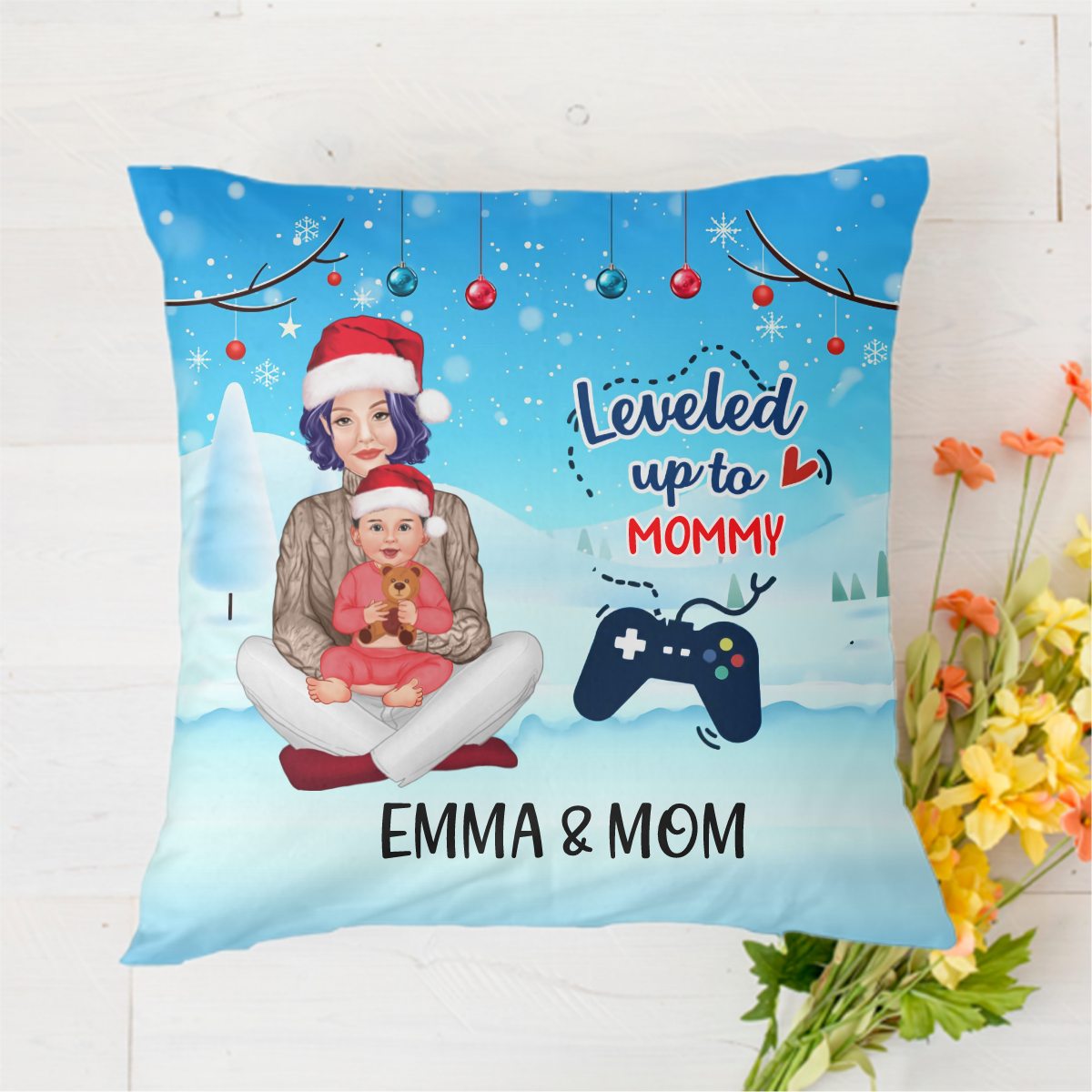 Leveled Up To Mommy Grandma Personalized Polyester Linen Pillow