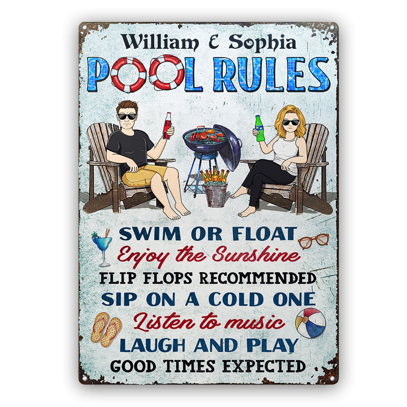 Pool Rules Swim or Float Grilling Couple Husband Wife - Backyard Sign - パーソナライズされたカスタムクラシックメタルサイン
