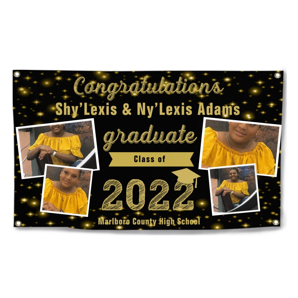 2023 Gold Sketch 4 Photo Collage Graduation Party Banner. Personalized With Name/Photo & 15 Backgrounds