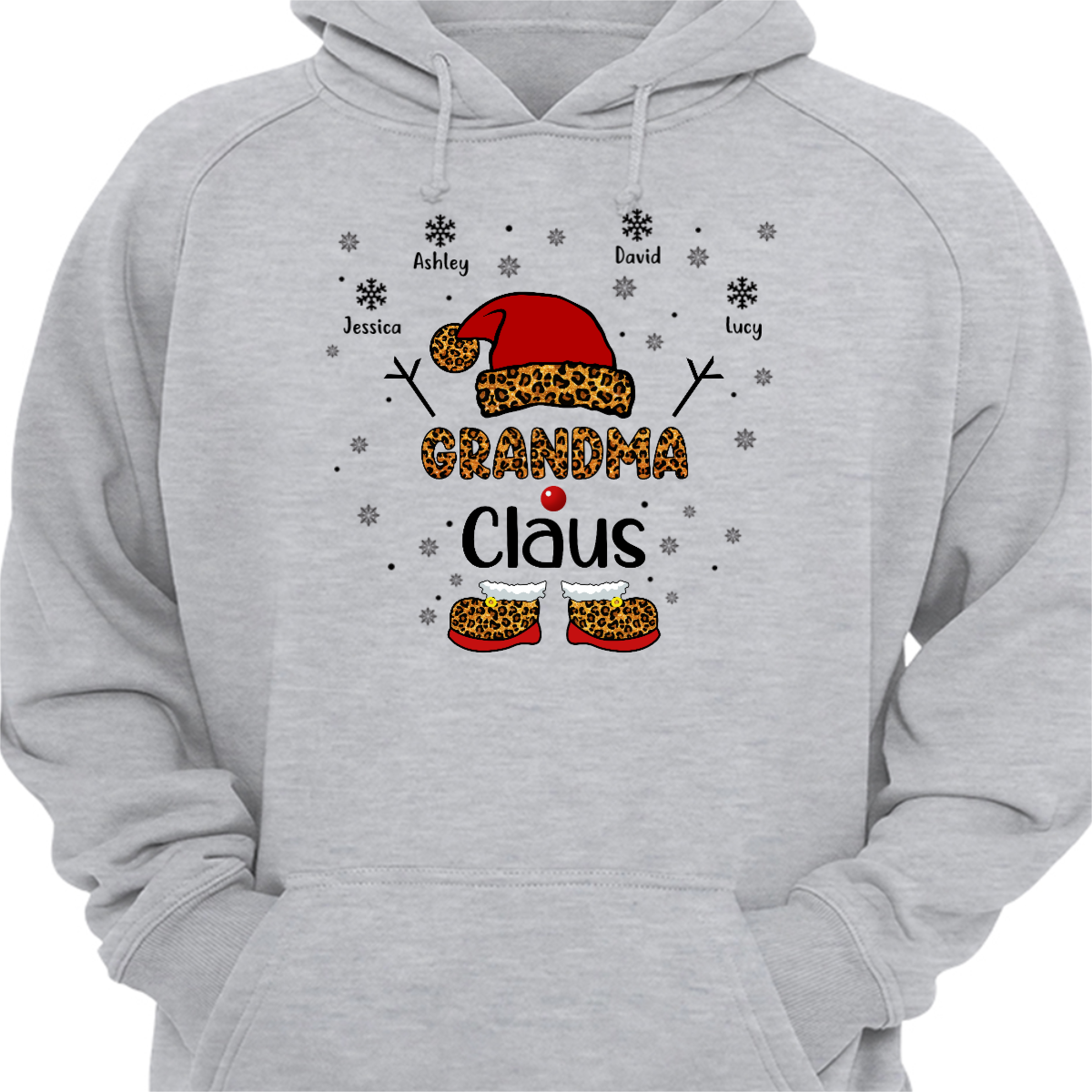 Leopard Grandma Claus Personalized Hoodie Sweatshirt
