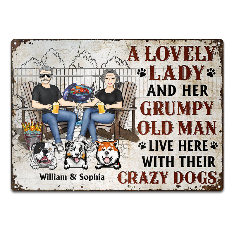 Family Dog Couple A Lovely Lady And A Grumpy Old Man Live Here - Gift For Dog Lovers - Personalized Custom Classic Metal Signs