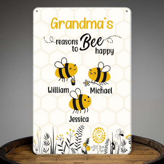 Reasons To Bee Happy Personalized Kid's Names Metal Sign