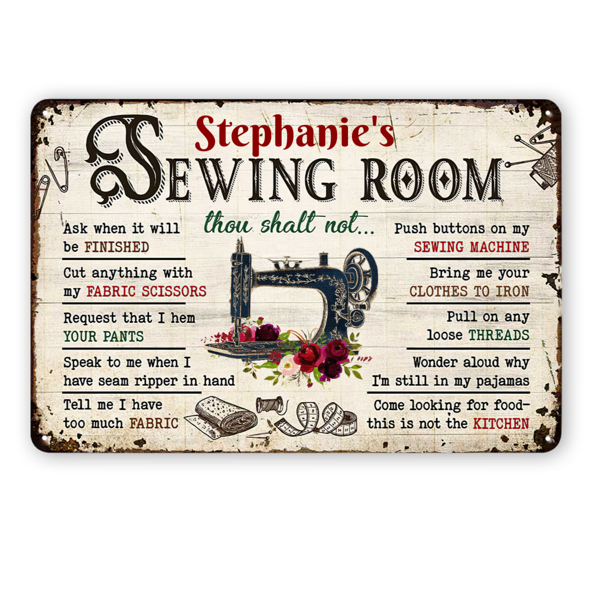 Personalized Sewing Room Rules Metal Signs