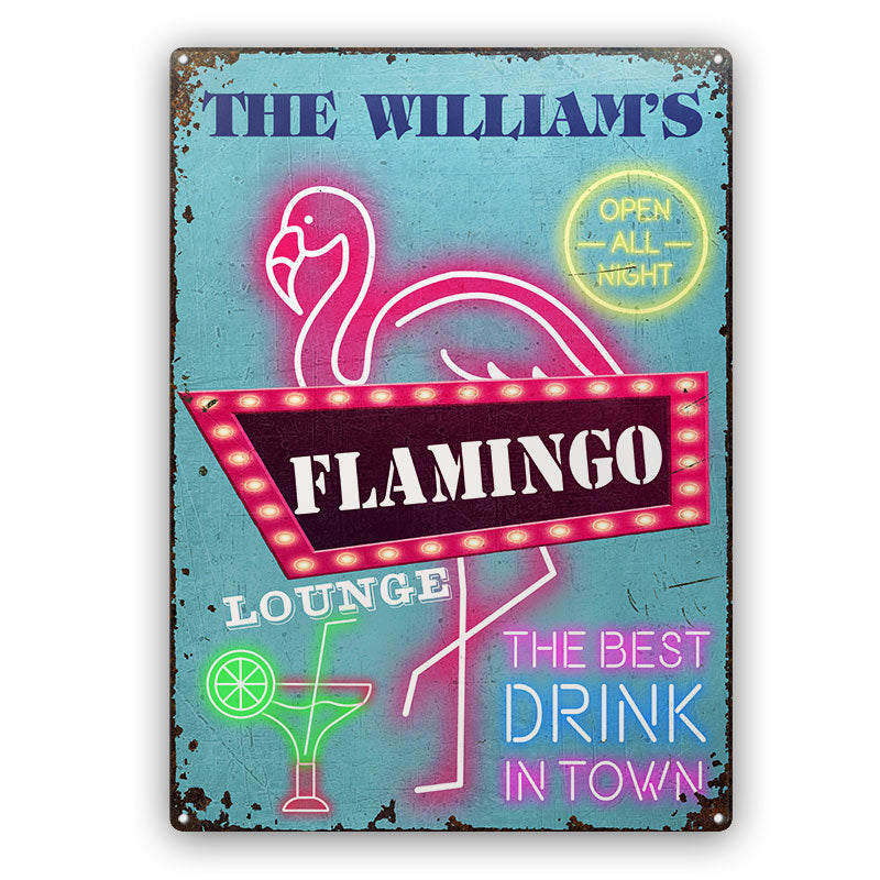 Neon Best Drinks Flamingo Lounge - Outdoor Decor Gift - Personalized Custom Classic Metal Signs