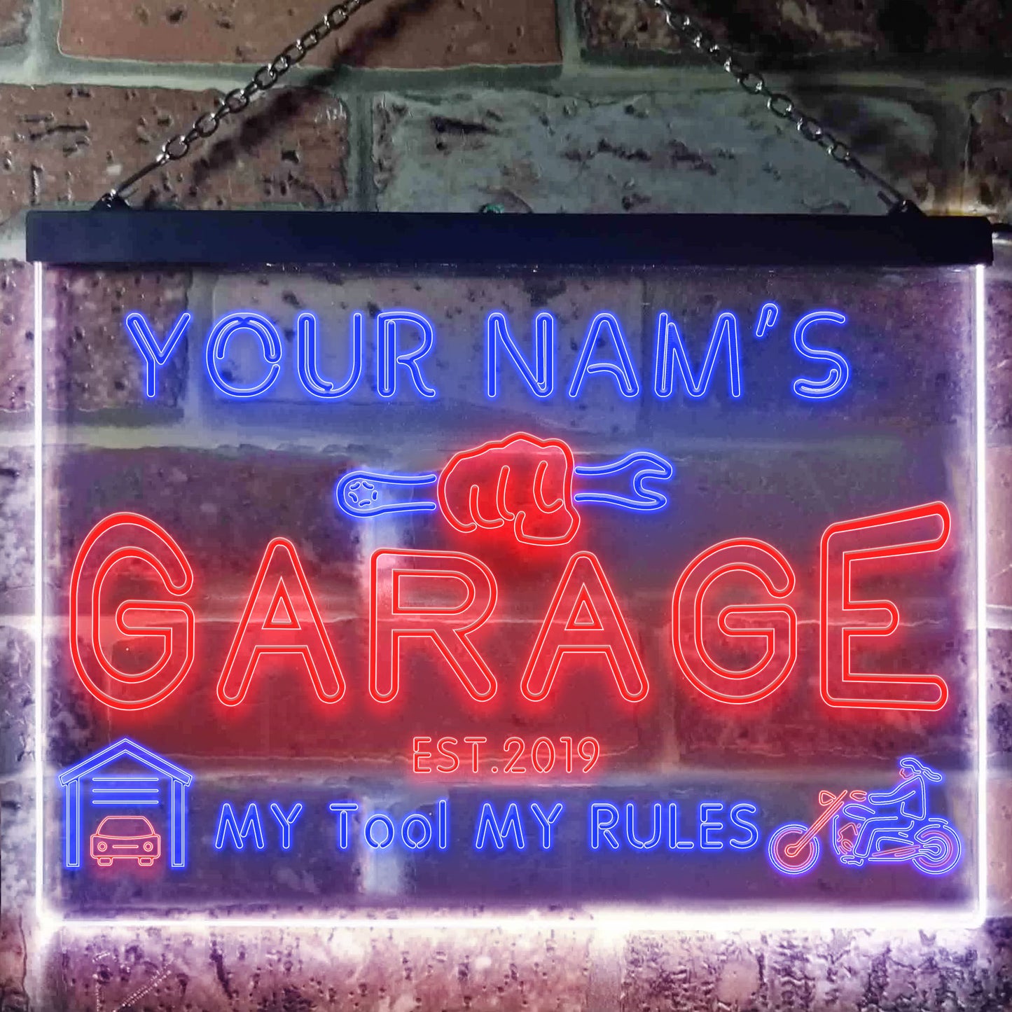 Personalized Your Name Est Year Theme Garage Man Cave Deco Dual Color LED Neon Sign