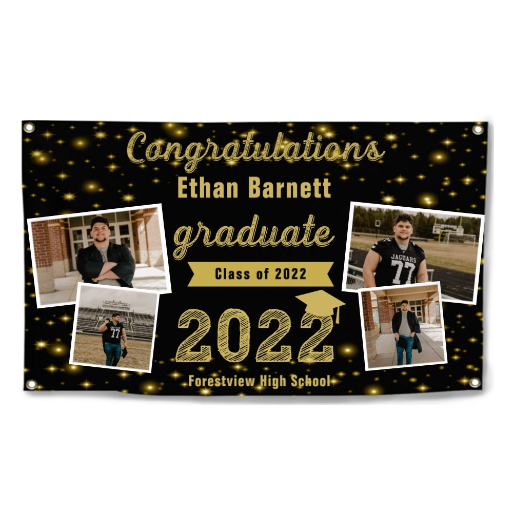 2023 Gold Sketch 4 Photo Collage Graduation Party Banner. Personalized With Name/Photo & 15 Backgrounds