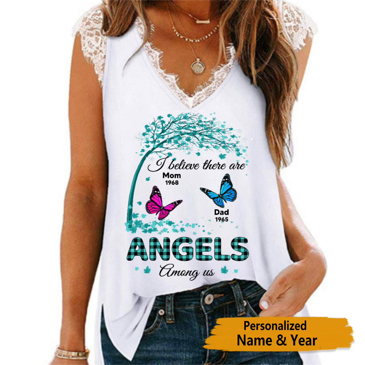 Angel Among Us 緑の市松模様 パーソナライズされた女性 タンクトップ Vネック レース