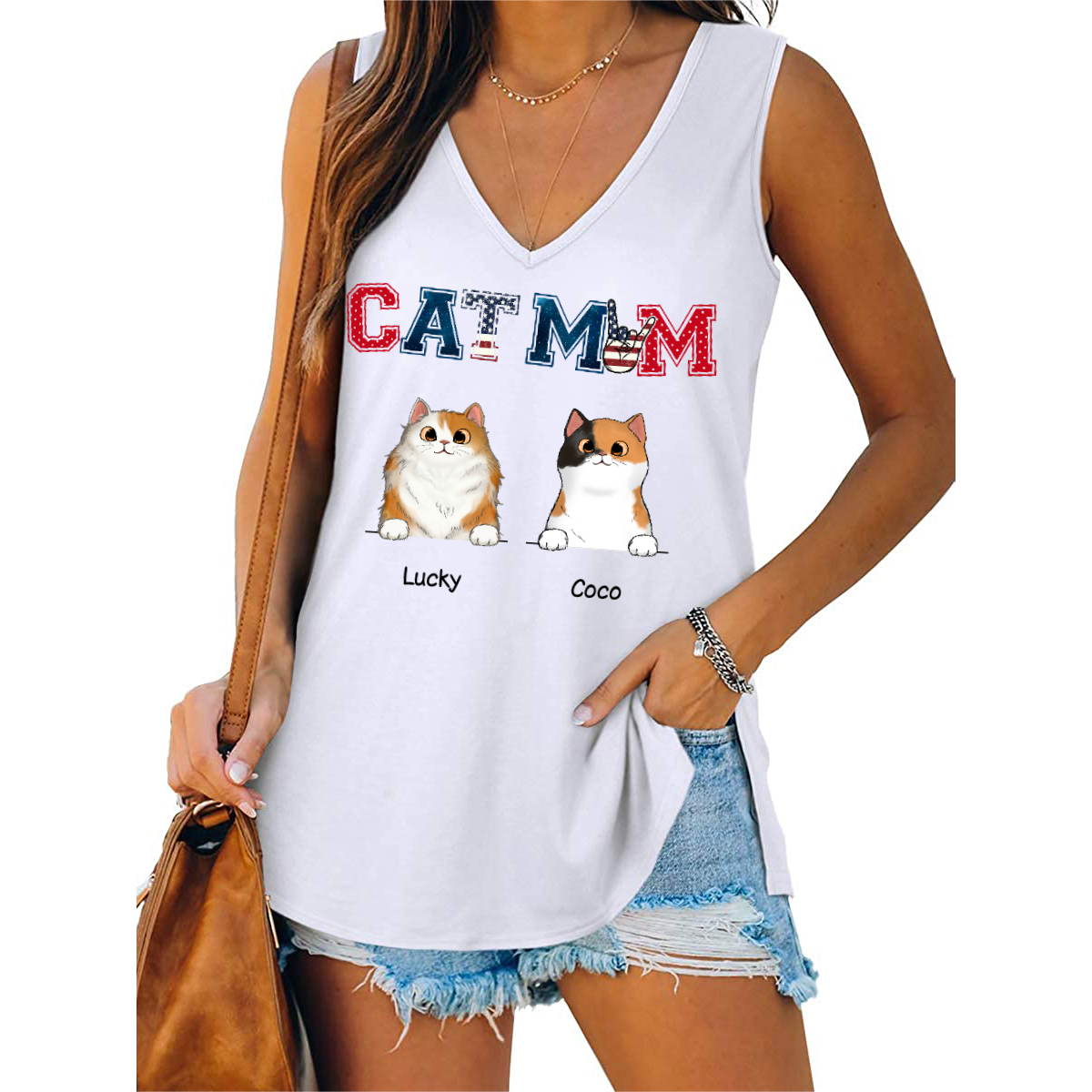 Cat Mom Cat Dad 4th Of July Personalized Women Tank Top V Neck Casual Flowy Sleeveless