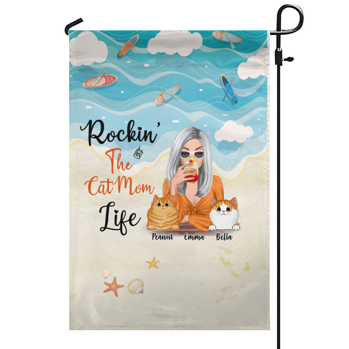 Rockin‘ Cat Mom Life Cocktail Girl Personalized Names & Designs Garden Flag
