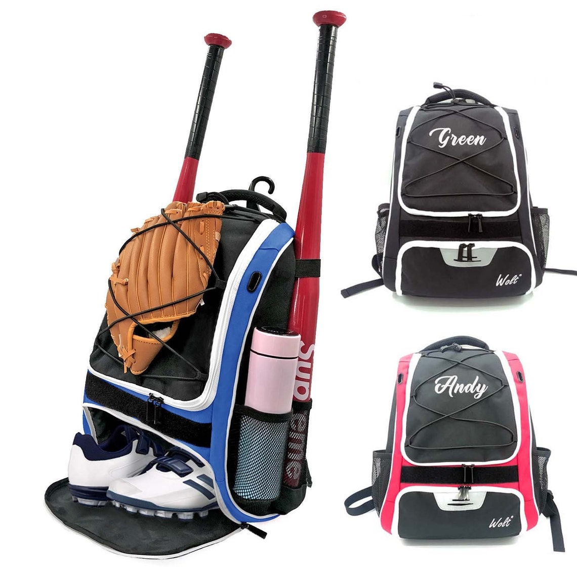 Personalized Custom Name Baseball Backpack - Large Main Compartment for Helmet and Separate Shoes Compartment