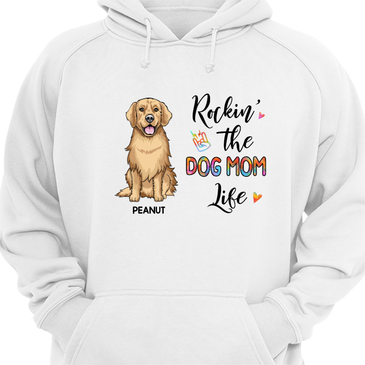 Rockin‘ Dog Mom Life Front View Sitting Dogs Personalized Hoodie Sweatshirt