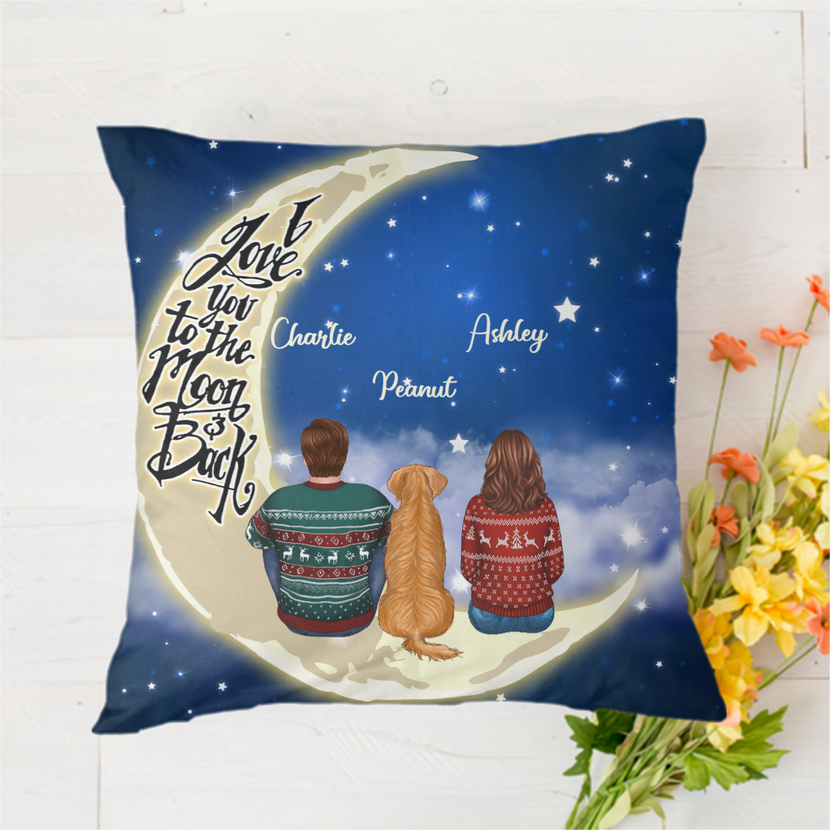 Couple And Dogs Sitting On Moon Personalized Polyester Linen Pillow