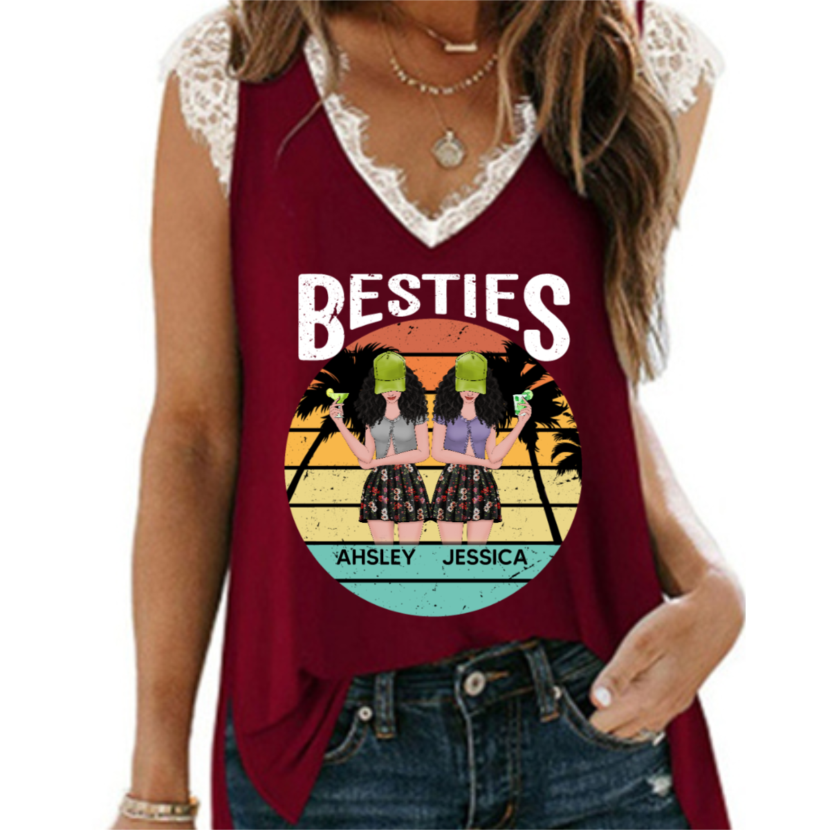 Summer Front View Besties Retro Personalized Women Tank Top V Neck Lace