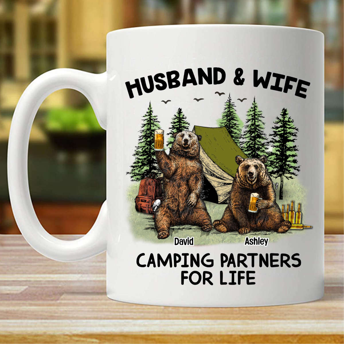 Personalized Couple Bear Husband Wife Camping Mug (Double-sided Printing)