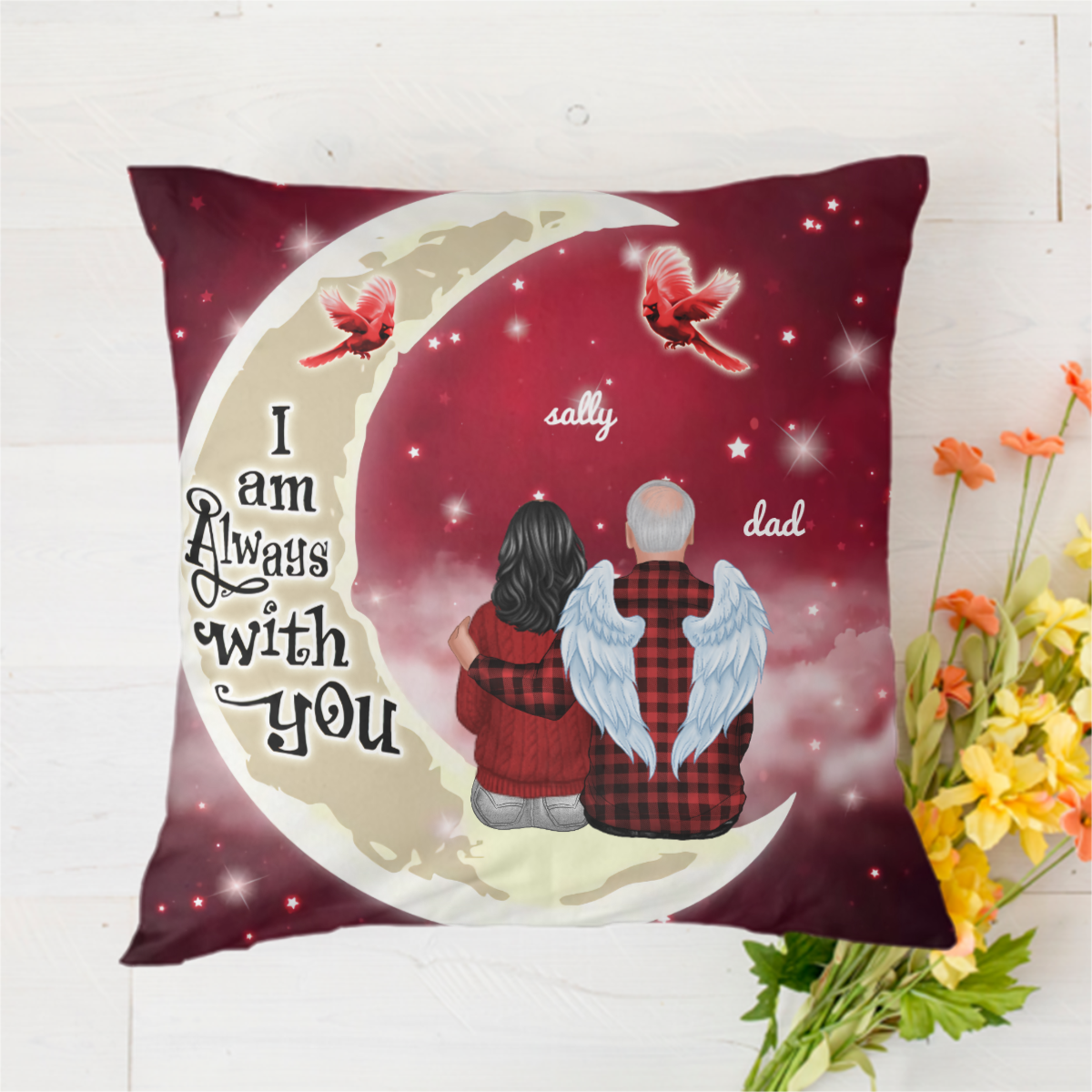 Dad Mom Son Daughter Sitting On Moon Cardinals Personalized Polyester Linen Pillow