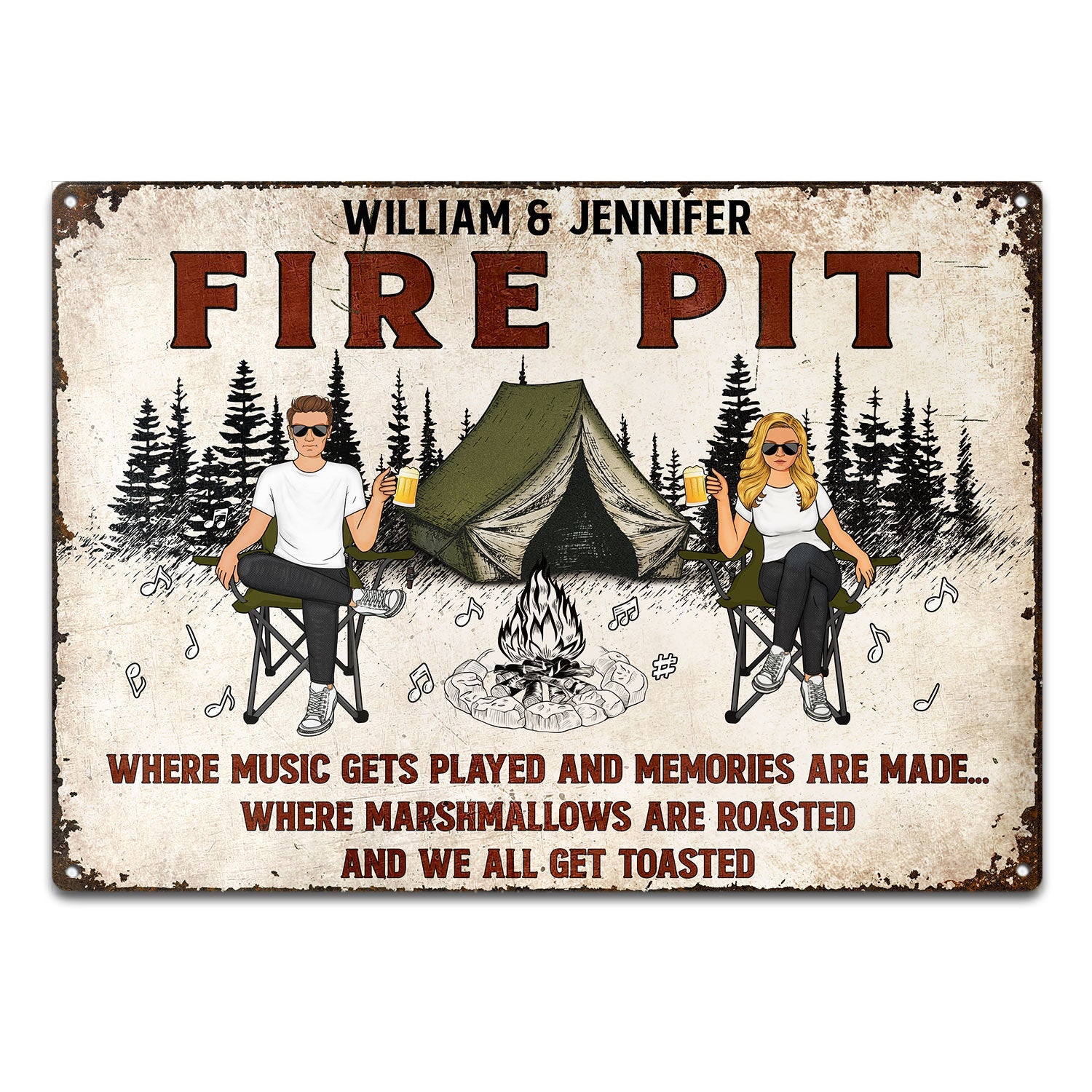 Family Couple Camping Firepit Where Music Gets Played - Personalized Custom Classic Metal Signs